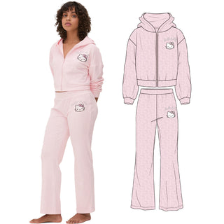 Hello Kitty Women’s Loungewear Set – Zip-Up Hoodie & Straight Leg Pants, Soft Embossed Velvet Feel Tracksuit - Sizes 2XS to 2XL