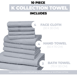 K Collection 10 Piece Egyptian Cotton Towel Set - 100% Cotton -  4 x Face, 4 x Face & 2 x Bath - Grey Design