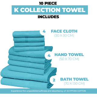 K Collection 10 Piece Egyptian Cotton Towel Set - 100% Cotton -  4 x Face, 4 x Face & 2 x Bath - Teal Design