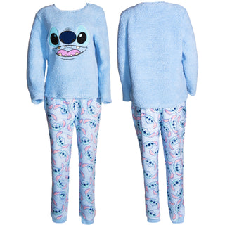 Disney Girls Fleece Pyjamas - Stitch Design - Sherpa Borg Applique Top