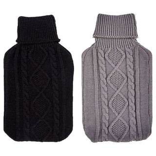 K Collection 2 x Hot Water Bottles With Removable Knit Fleece Cover - 2L Capacity - Black & Charcoal Design