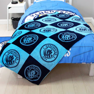 Manchester City Fleece Blanket - Checkered Design - 100% Polyester - 100 x 150cm