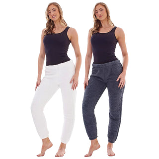 Keanu Ladies 2 Pack Borg Lounge Pants - White/Charcoal Design - Borg Fabric