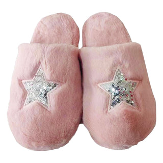 Keanu Ladies Memory Foam Slippers - Pink Star Sequin Design - Slip On Mule