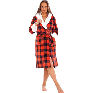 Keanu Ladies Sherpa Fleece Gowns - Buffalo Check Design Design - Red/Black