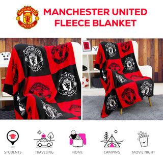 Manchester United Fleece Blanket - Checkered Design - 100% Polyester - 100 x 150cm
