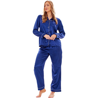Keanu Ladies Satin Long Pyjamas - Navy Design