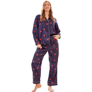 Keanu Ladies Satin Long Pyjamas - Black Hearts Design