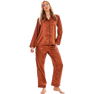 Keanu Ladies Satin Long Pyjamas - Brown Design