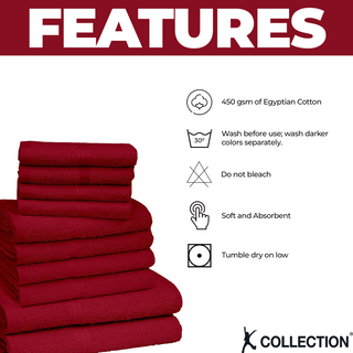 K Collection 10 Piece Egyptian Cotton Towel Set - 100% Cotton -  4 x Face, 4 x Face & 2 x Bath - Red Design
