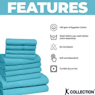 K Collection 10 Piece Egyptian Cotton Towel Set - 100% Cotton -  4 x Face, 4 x Face & 2 x Bath - Teal Design