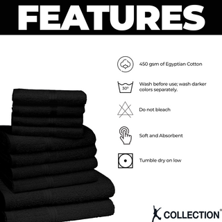 K Collection 10 Piece Egyptian Cotton Towel Set - 100% Cotton -  4 x Face, 4 x Face & 2 x Bath - Black Design