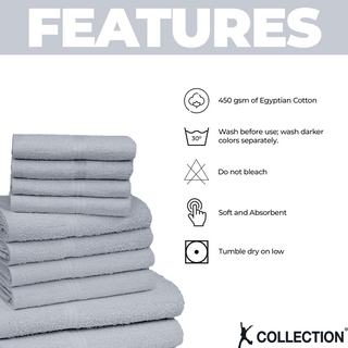K Collection 10 Piece Egyptian Cotton Towel Set - 100% Cotton -  4 x Face, 4 x Face & 2 x Bath - Grey Design