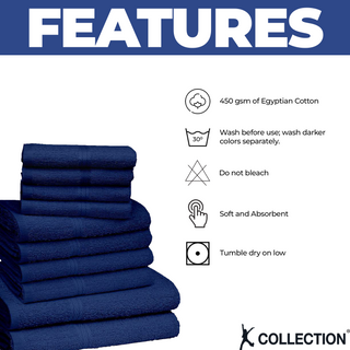 K Collection 10 Piece Egyptian Cotton Towel Set - 100% Cotton -  4 x Face, 4 x Face & 2 x Bath - Navy Design