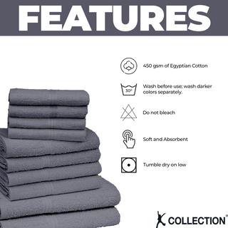 K Collection 10 Piece Egyptian Cotton Towel Set - 100% Cotton -  4 x Face, 4 x Face & 2 x Bath - Charcoal Design