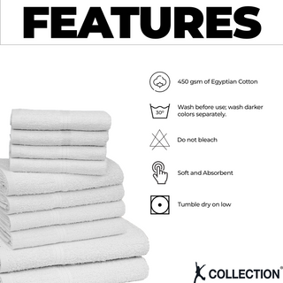 K Collection 10 Piece Egyptian Cotton Towel Set - 100% Cotton -  4 x Face, 4 x Face & 2 x Bath - White Design