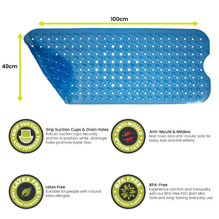 K Collection Premium Non Slip Shower Mat – Anti Mould & Mildew, 200 Suction Cups – Extra Long 100x40cm Rubber PVC Bath Mat – Machine Washable – Blue