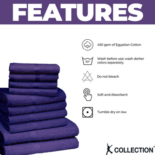 K Collection 10 Piece Egyptian Cotton Towel Set - 100% Cotton -  4 x Face, 4 x Face & 2 x Bath - Purple Design