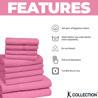 K Collection 10 Piece Egyptian Cotton Towel Set - 100% Cotton -  4 x Face, 4 x Face & 2 x Bath - Pink Design