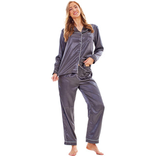 Keanu Ladies Satin Long Pyjamas - Charcoal Design