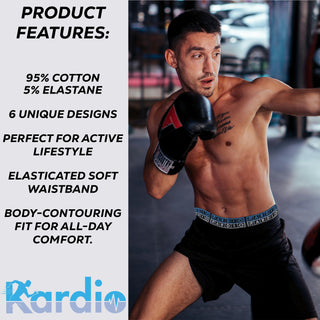 Kardio Mens 6 Pack Performance Boxer Trunks - Blue Mix Design - 95% Cotton, 5% Elastane