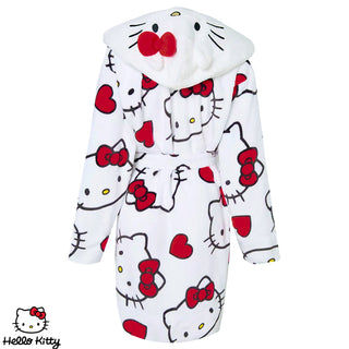 Hello Kitty Women’s Fleece Robe with 3D Ears and Bow – Long Sleeve, Tie Belt, Longline Cut, All-Over Hello Kitty Print - Sizes XS to XL
