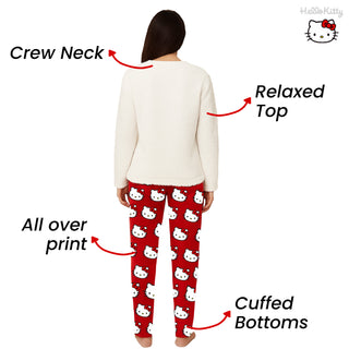 Hello Kitty Women’s Fleece Pyjama Set – 2 Piece Cosy Loungewear with Embroidered Top & Cuffed Bottoms – Sizes 4–6 to 20–22