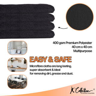 Premium Black Microfibre Cleaning Cloth – XL Size – 40 x 40cm - Multifunctional Heavyweight (400gsm) Reusable – Pack of 4 or 12