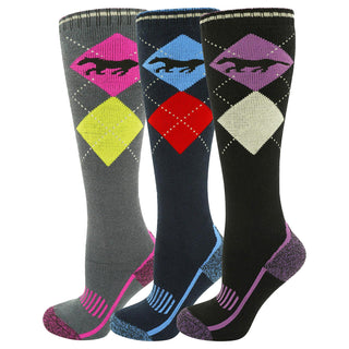 Ladies 3 Pack Equestrian Socks - Performance Riding Socks Horse Argyle Design - Walking, Country, Riding Boot Socks