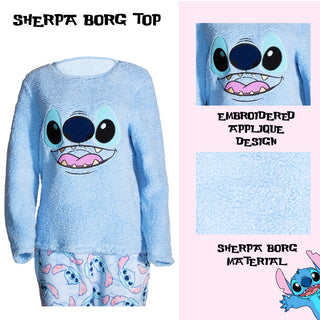 Disney Girls Fleece Pyjamas - Stitch Design - Sherpa Borg Applique Top