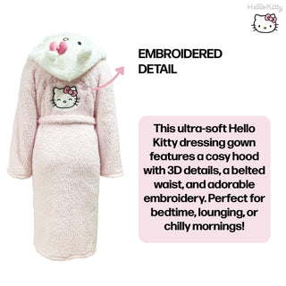 Hello Kitty Women’s Fleece Borg Dressing Gown – Soft Hooded Robe with 3D Ears & Embroidered Design - Sizes 2XS–2XL