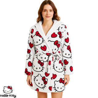 Hello Kitty Women’s Fleece Robe with 3D Ears and Bow – Long Sleeve, Tie Belt, Longline Cut, All-Over Hello Kitty Print - Sizes XS to XL