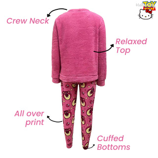 Lotso Women’s Pyjama Set – Cozy Fleece Pullover & Printed Pants - Embossed Lotso Bear Design - UK Sizes 4 to 22