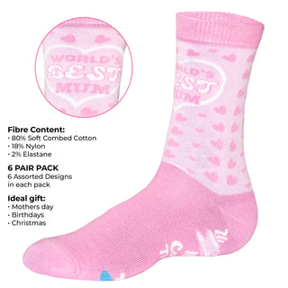 Ladies 6 Pack Mothers Day Mum Socks - Mum Themed Fun Designs - Combed Cotton Rich