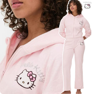 Hello Kitty Women’s Loungewear Set – Zip-Up Hoodie & Straight Leg Pants, Soft Embossed Velvet Feel Tracksuit - Sizes 2XS to 2XL