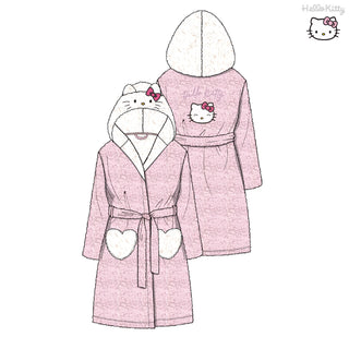 Hello Kitty Women’s Fleece Borg Dressing Gown – Soft Hooded Robe with 3D Ears & Embroidered Design - Sizes 2XS–2XL