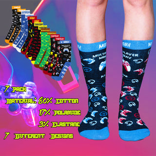 Mens 7 Pack Socks Days of the Week and Gaming Novelty Design - Cotton Rich
