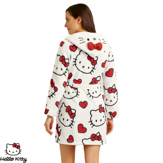 Hello Kitty Women’s Fleece Robe with 3D Ears and Bow – Long Sleeve, Tie Belt, Longline Cut, All-Over Hello Kitty Print - Sizes XS to XL