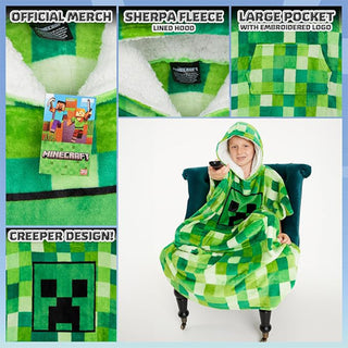 Minecraft Kids Long Fleece Hoodie - Green Creepers Design - Super Soft Fleece