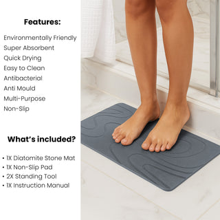 K Collection Stone Bath Mat – Premium Diatomite Mat for Bathroom or Kitchen – Natural Non Slip Wudu Mat – Ultra Fast Drying – Eco Friendly & Anti Mould - Grey