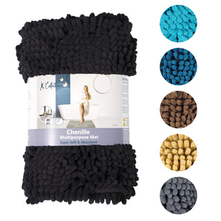K Collection Luxury Chenille Bath Mat, Extra Soft and Absorbent Shaggy - Non Slip Machine Washable Bathroom Mats – Black - Available in 3 Sizes