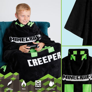 Minecraft Kids Fleece Wearable Blanket Hoodie - Black Creeper Design - Super Soft Fleece