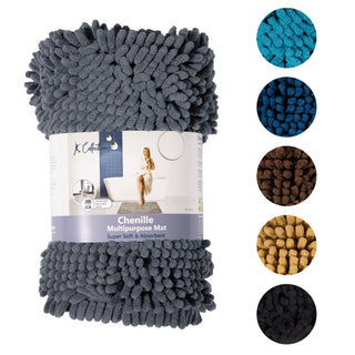 K Collection Luxury Chenille Bath Mat, Extra Soft and Absorbent Shaggy - Non Slip Machine Washable Bathroom Mats – Grey - Available in 3 Sizes