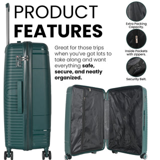 XPLR Lightweight Polypropylene Green Hard Shell Luggage – 8 Silent 360° Spinner Wheels with Built-in TSA Lock – 20”, 24”, 28” and XL 32” Size – 3 Pc and 4 Pc Sets