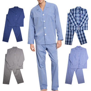 Keanu Mens Woven Pyjamas Set - Multiple Designs - Long Sleeve Button Down Shirt with Chest Pocket and Straight Leg Pants