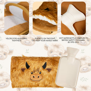 K Collection 160 cm Hot Water Bottle Belt with Plush Waist Cover -  1 Litre Capacity - Highland Cow Designs