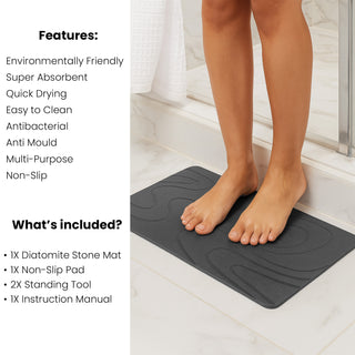 K Collection Stone Bath Mat – Premium Diatomite Mat for Bathroom or Kitchen – Natural Non Slip Wudu Mat – Ultra Fast Drying – Eco Friendly & Anti Mould - Dark grey