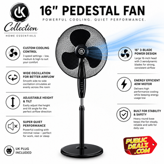 K Collection 16" Pedestal Fan – 3-Speed Oscillating Cooling Fan – Adjustable Height & Pivoting Head – Quiet Airflow – Black