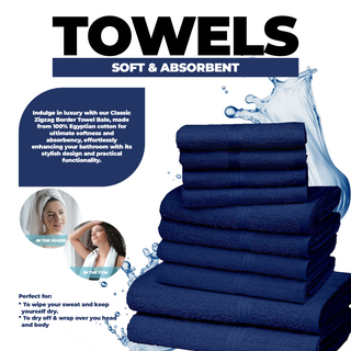 K Collection 10 Piece Egyptian Cotton Towel Set - 100% Cotton -  4 x Face, 4 x Face & 2 x Bath - Navy Design