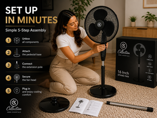 K Collection 16" Pedestal Fan – 3-Speed Oscillating Cooling Fan – Adjustable Height & Pivoting Head – Quiet Airflow – Black